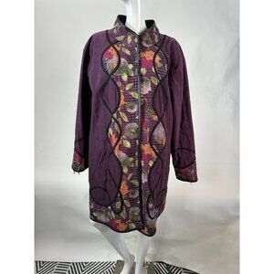 Reversible Vintage 80s Womens Coat With Floral Quilted Pattern & Black Faux Leat